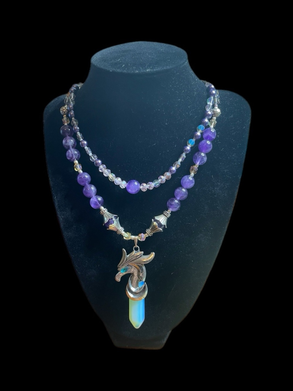 Purple Amethyst Beaded Necklace with Dragon Pendant